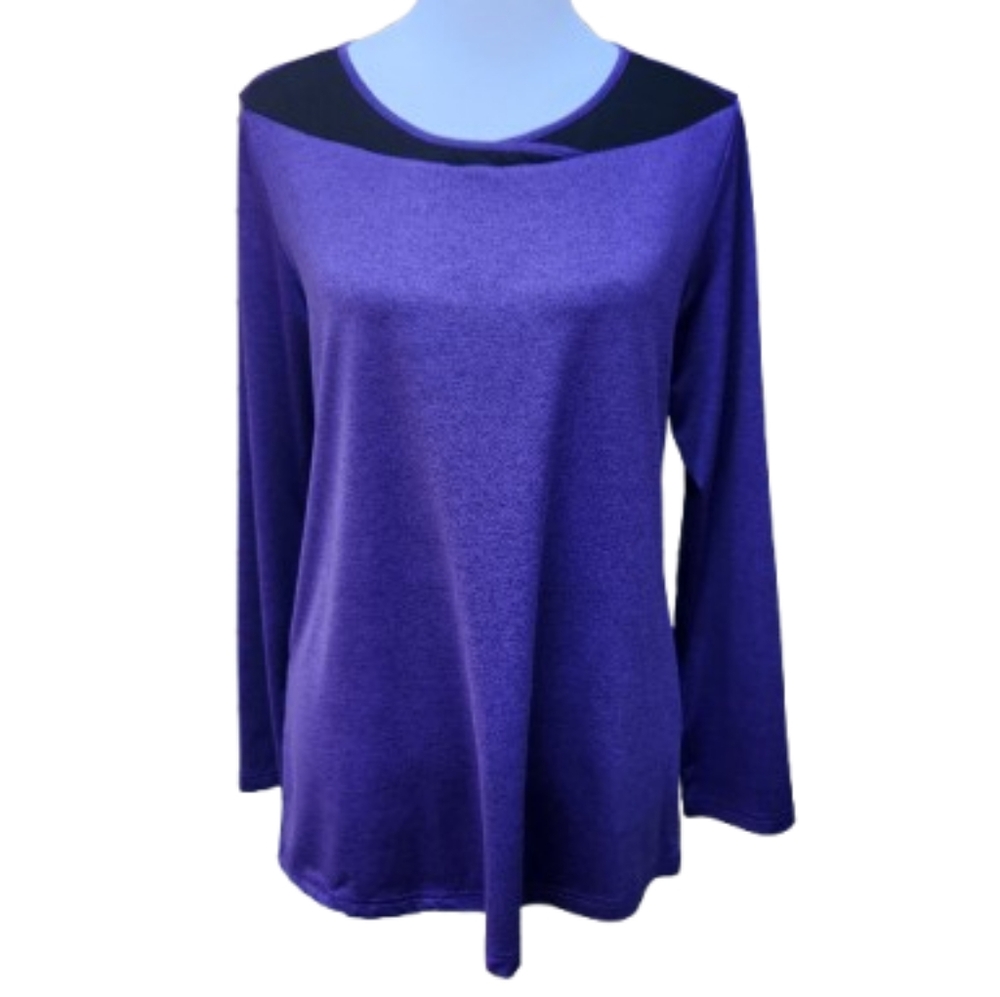 Long Sleeve Performance Top Purple Heathered Black Panel Neckline Fitness